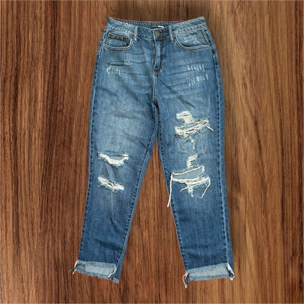 Fashion Nova Distressed Boyfriend Jeans 100% Cotton Ripped Frayed Hem Blue 5